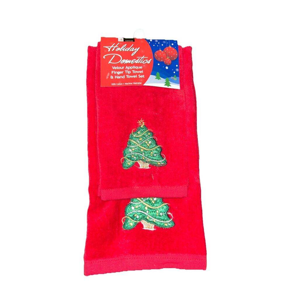 Holiday Domestics Red Christmas Tree Tea Towel Set - Velour Appliqué NEW‎